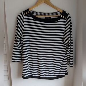 Rafaella Black and White Striped Top 3/4 Sleeve with Gold Accents Size Large